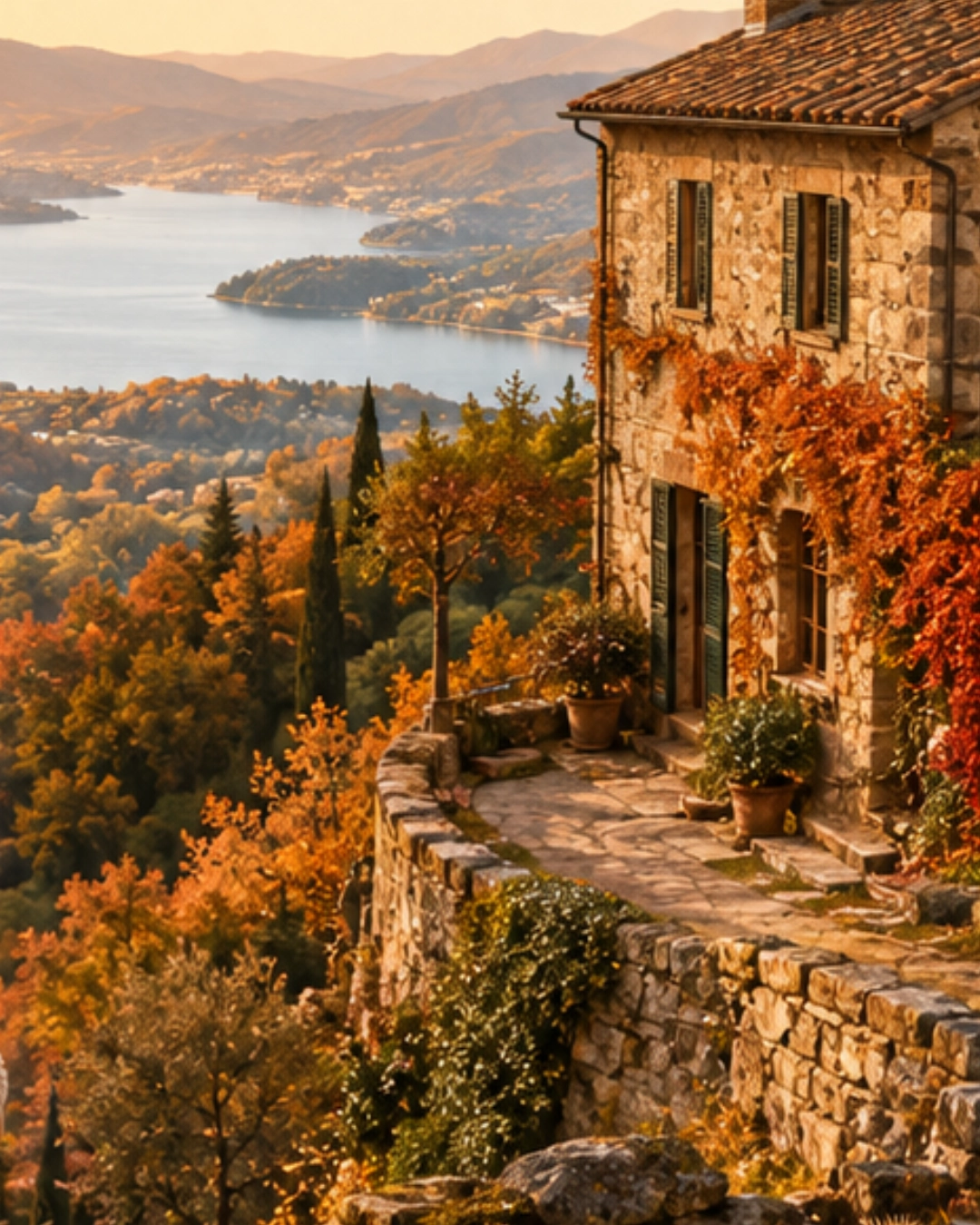 Casa di Monteluce, an autumn hillside farmhouse above the lake