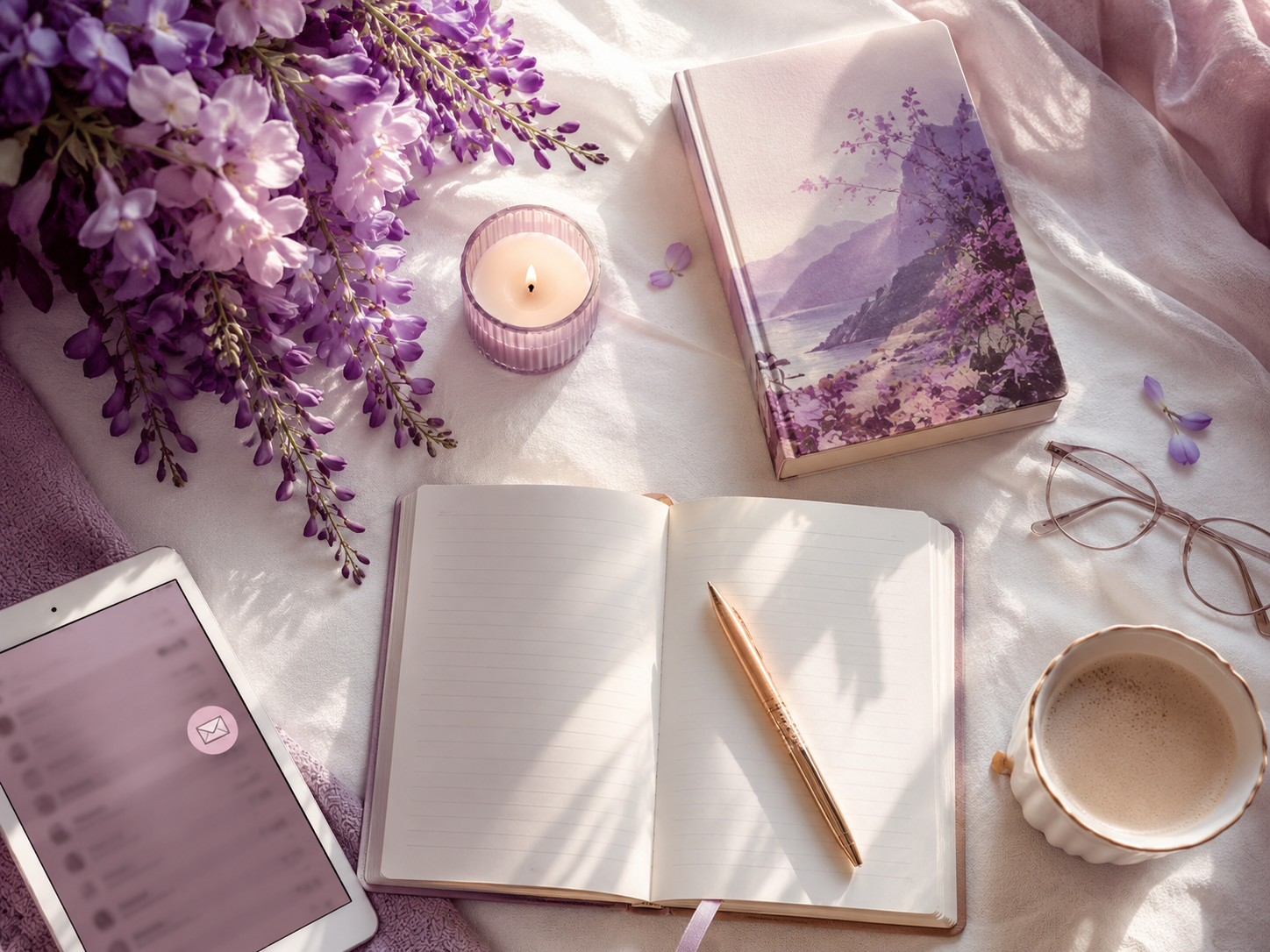 Cosy bookish newsletter banner in wisteria and lilac tones with flowers, pastel books, a mug and candle, created for Susie Sharp author newsletter sign-up and free reader playbook.