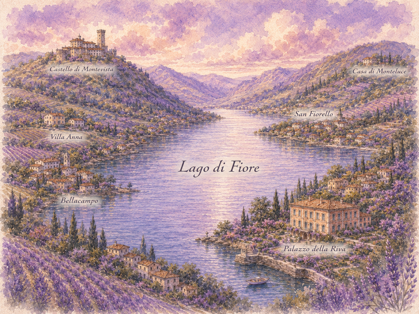 Illustrated map of Lago di Fiore, the fictional Italian lake at the heart of the Echoes of the Lake series by Susie Sharp