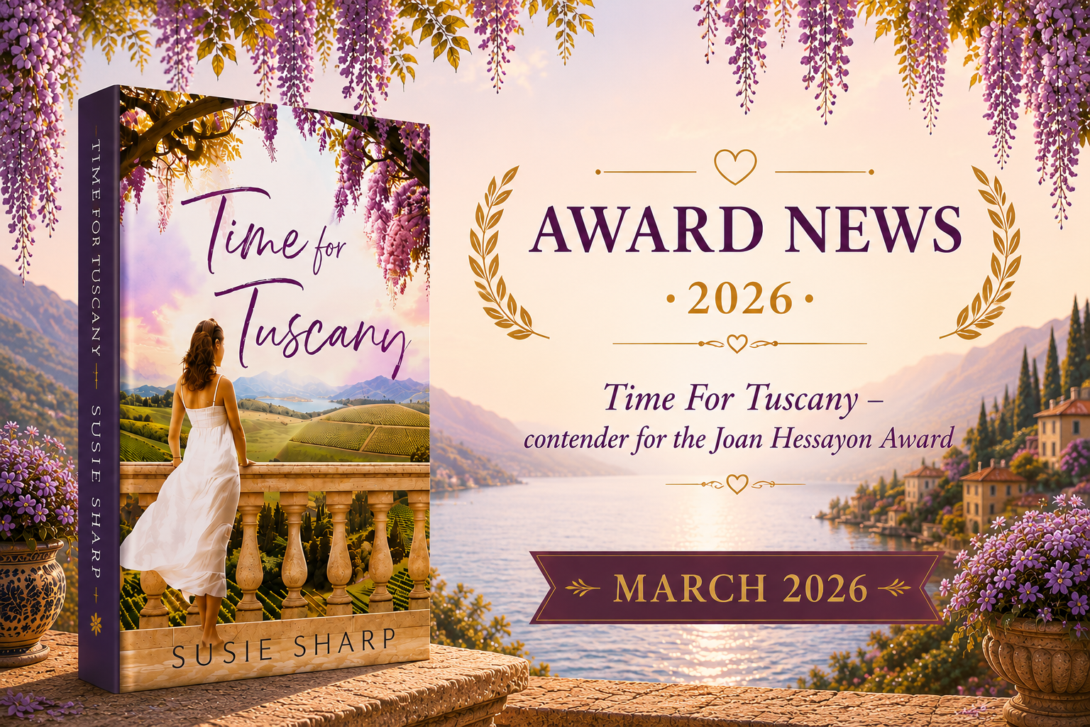 Time For Tuscany by Susie Sharp announced as a contender for the Joan Hessayon Award 2026, shown against a romantic Italian lakeside backdrop with wisteria and sunset views