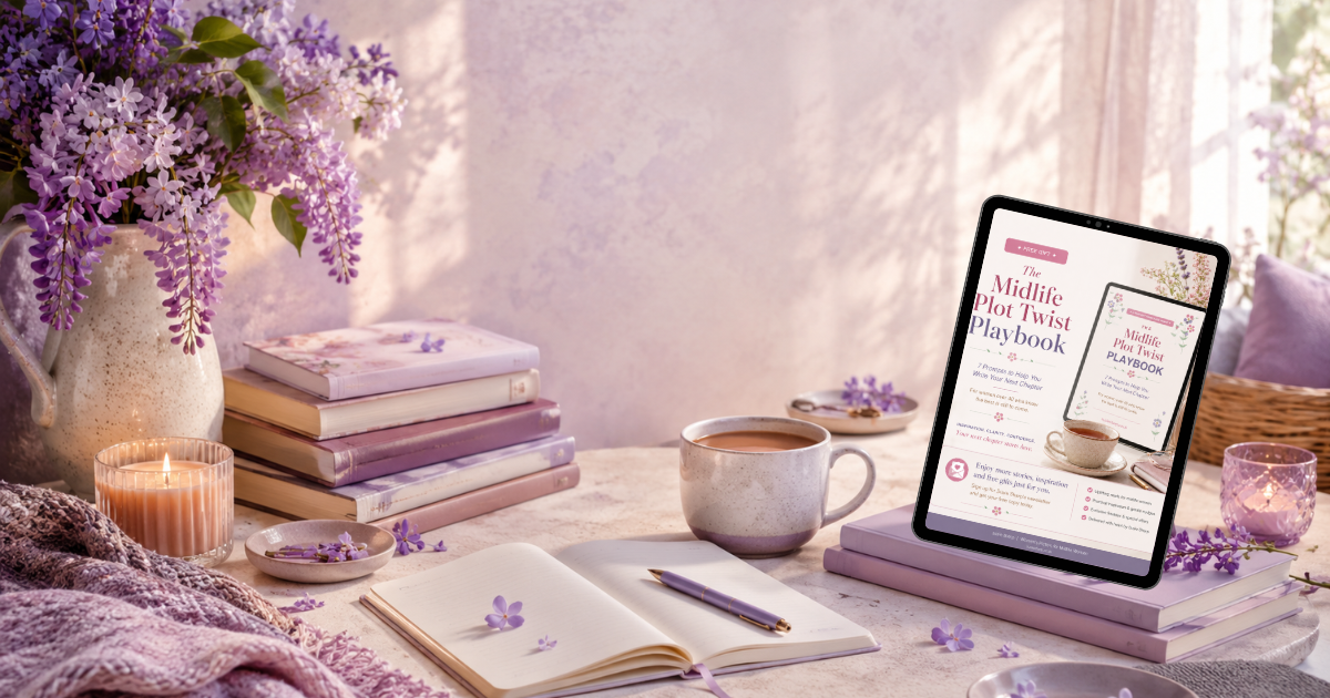 Susie’s News free playbook banner in soft wisteria and lilac tones, featuring books, a tablet, notebook and coffee, promoting Susie Sharp’s author newsletter and Midlife Plot Twist Playbook for women’s fiction readers.
