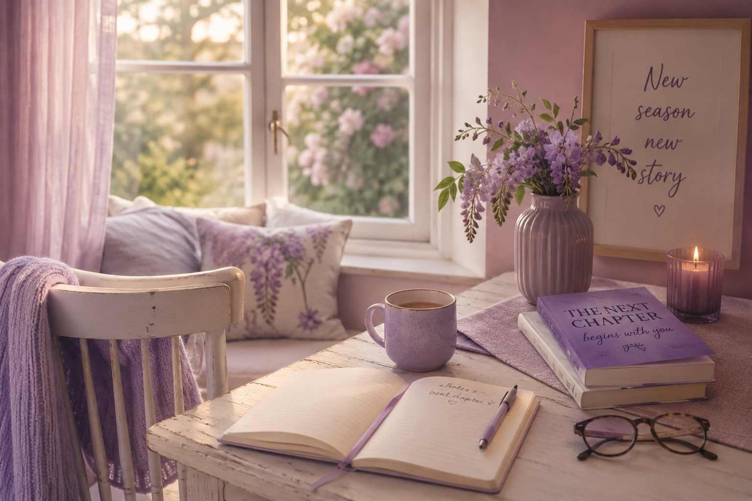 Soft, pastel-toned reading nook by a window, featuring an open notebook and pen on a rustic table, a lavender mug, stacked books, glasses, a candle, and a vase of purple flowers, with lilac cushions and a garden view beyond.